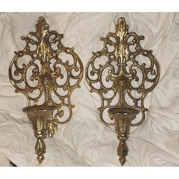 The Unbranded Brand Other - Vintage Hollywood Regency Gold Metal Wall Sconces Candle Holders Ornate